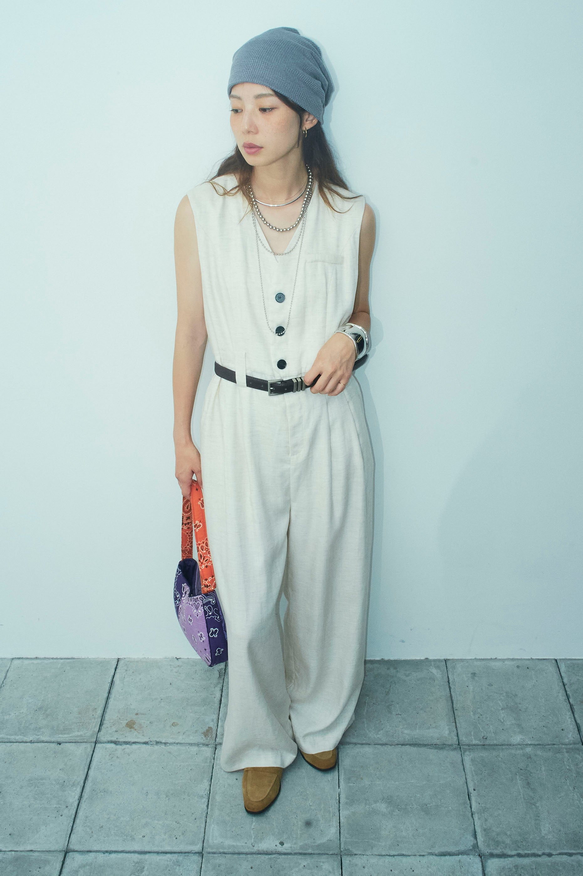 予約]リネン混ベルト付きVネックオールインワン – IAMALPHA