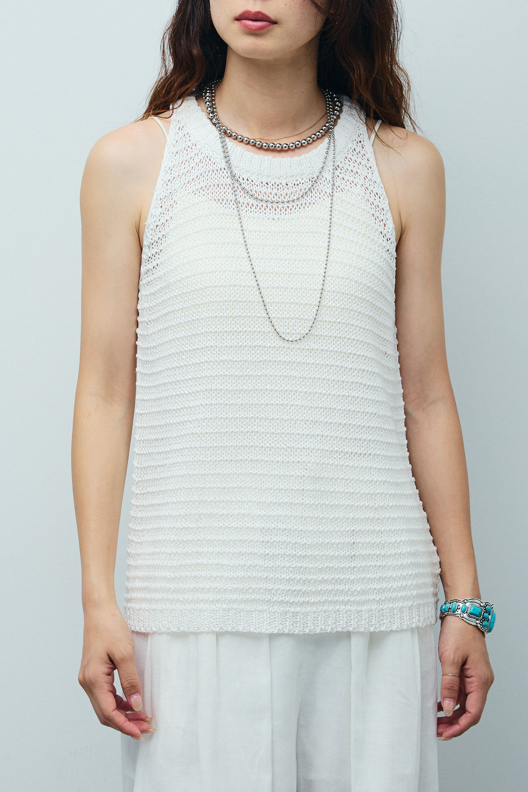 [予約/SET]サマーメッシュニットノースリーブトップス+リネンミックスウエストデザインワイドパンツ(2set)