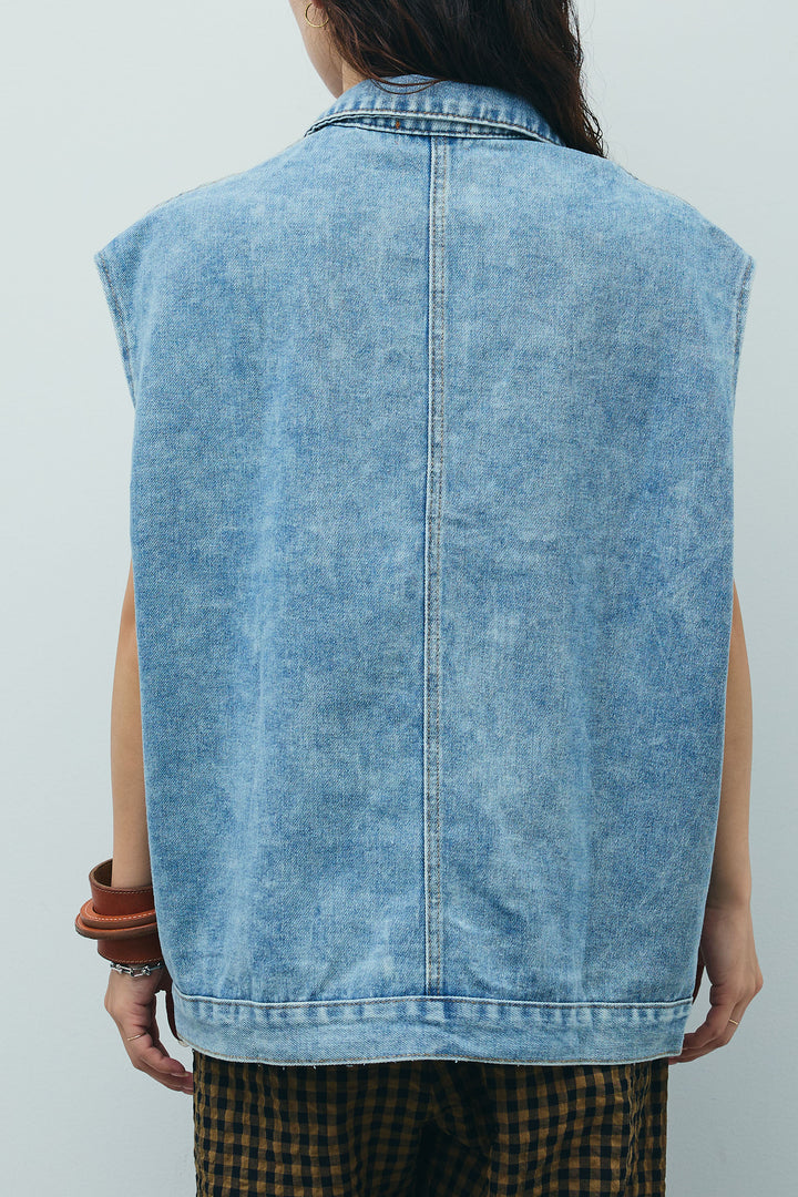 [予約/SET]オーバーサイズデニムベスト+チェックサッカー地パンツ(2set)