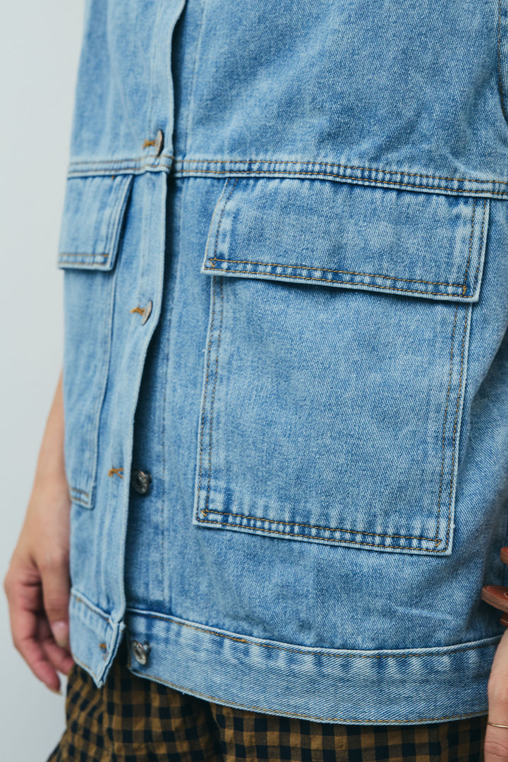 [予約/SET]オーバーサイズデニムベスト+チェックサッカー地パンツ(2set)