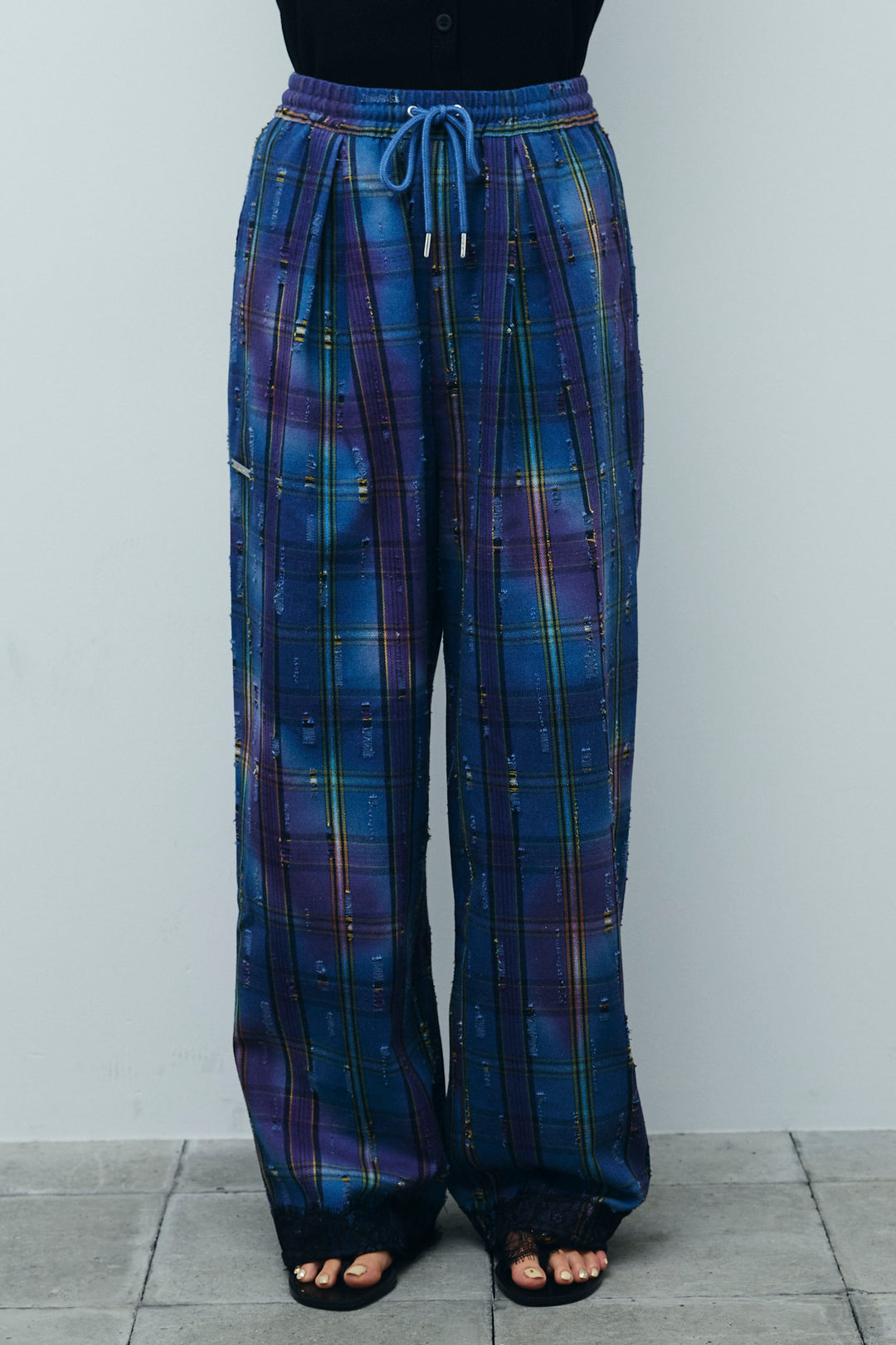 [予約/SET]Vネックベスト+レースドッキングビンテージ加工チェックパンツ(2set)