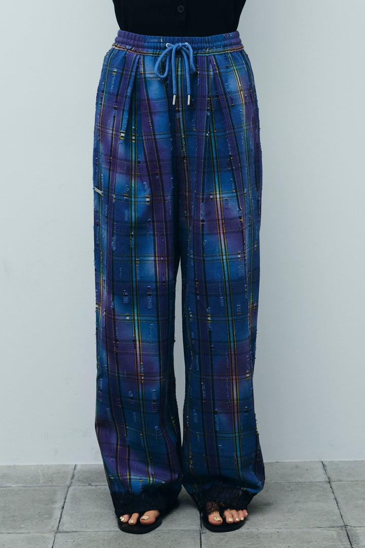 [予約/SET]Vネックベスト+レースドッキングビンテージ加工チェックパンツ(2set)