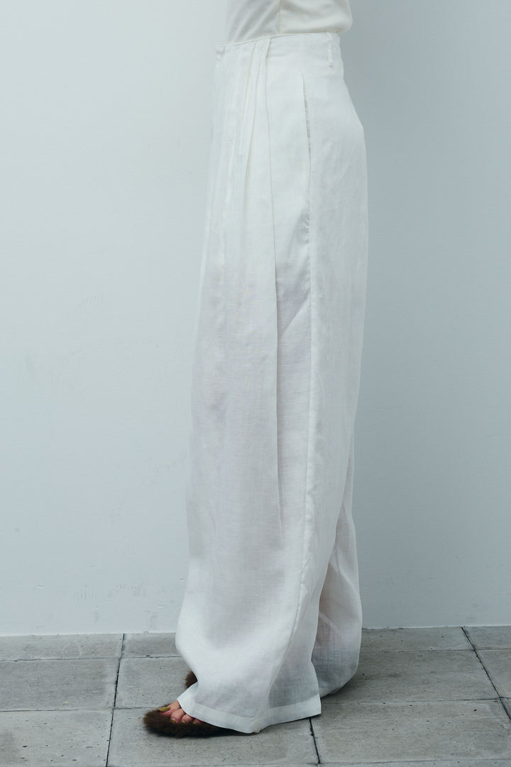 [予約]リネンミックスウエストデザインワイドパンツ