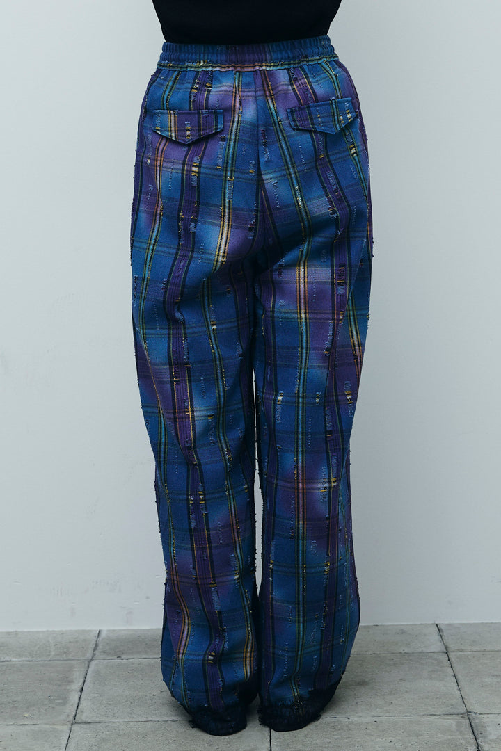 [予約/SET]Vネックベスト+レースドッキングビンテージ加工チェックパンツ(2set)