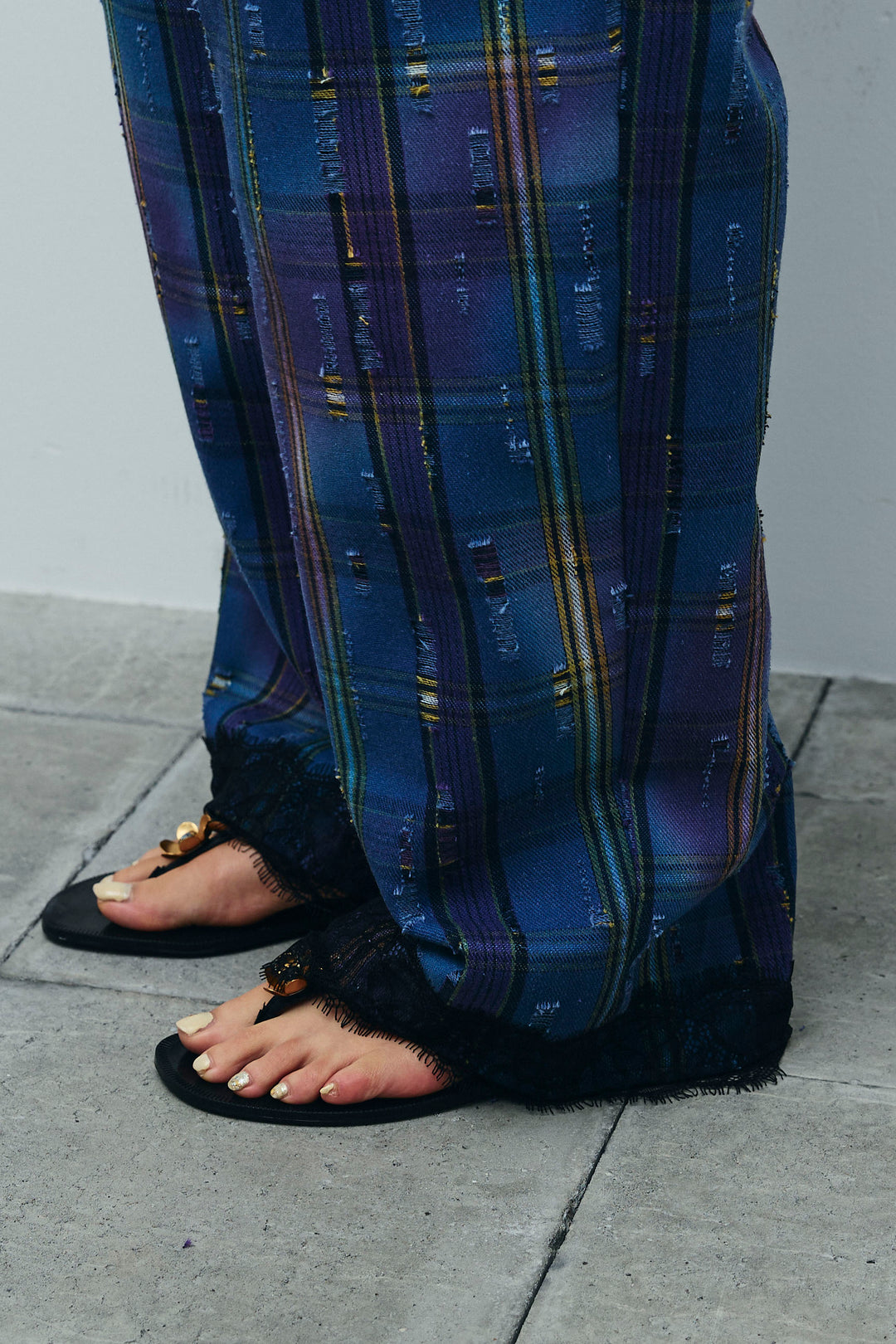 [予約/SET]Vネックベスト+レースドッキングビンテージ加工チェックパンツ(2set)