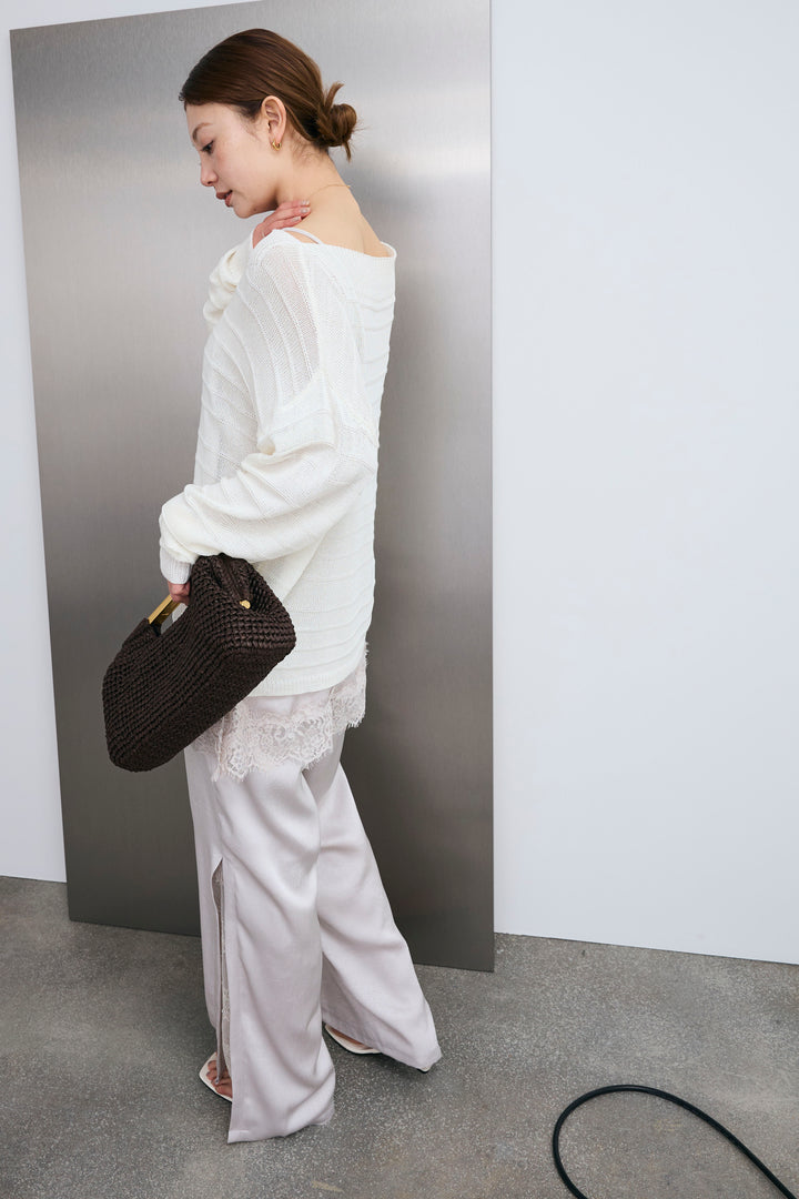 [予約/SET]ボートネックテクスチャーボーダーサマーニット+レーストリムキャミ+スリットレースサテンパンツ(3set)