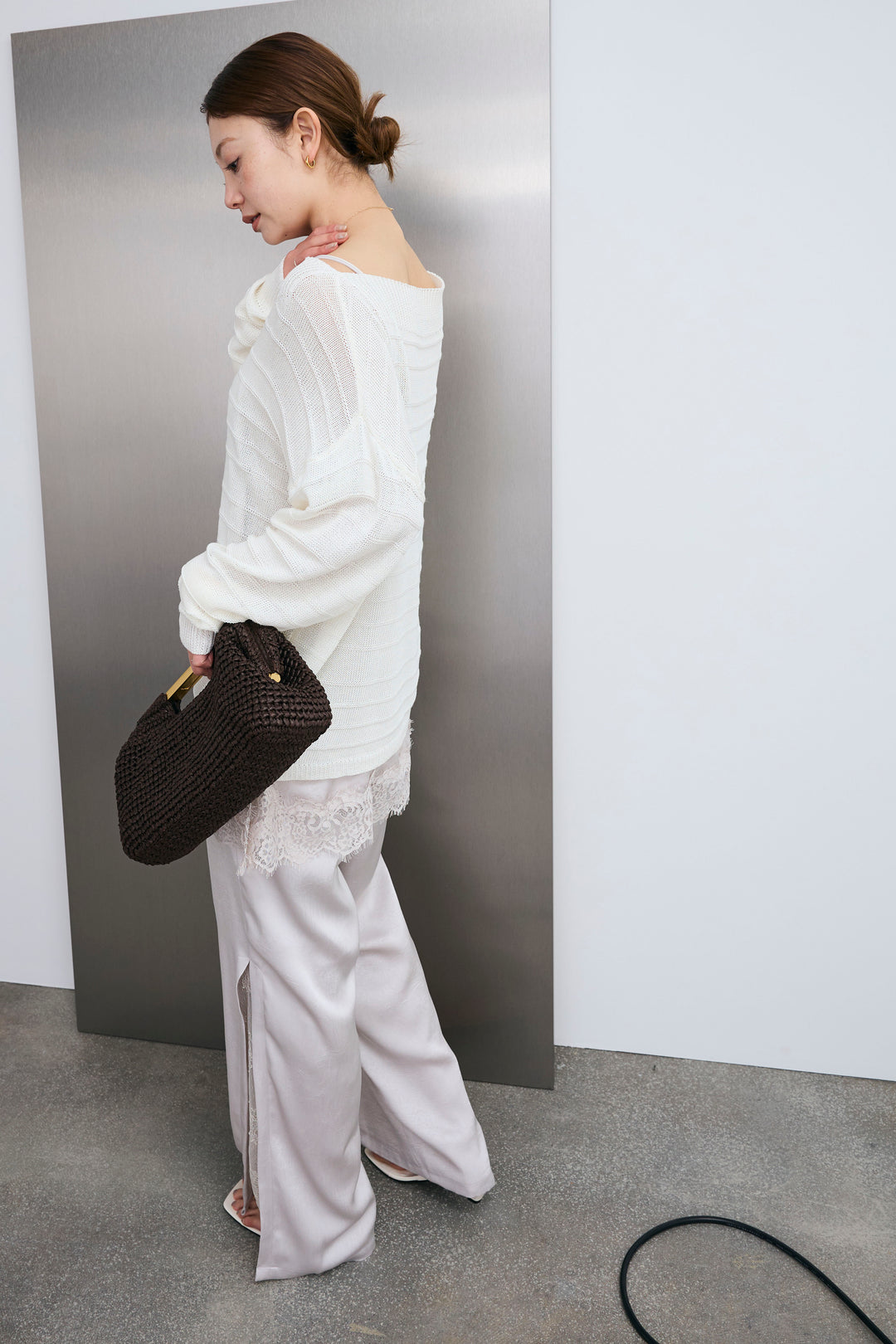 [予約/SET]ボートネックテクスチャーボーダーサマーニット+スリットレースサテンパンツ(2set)