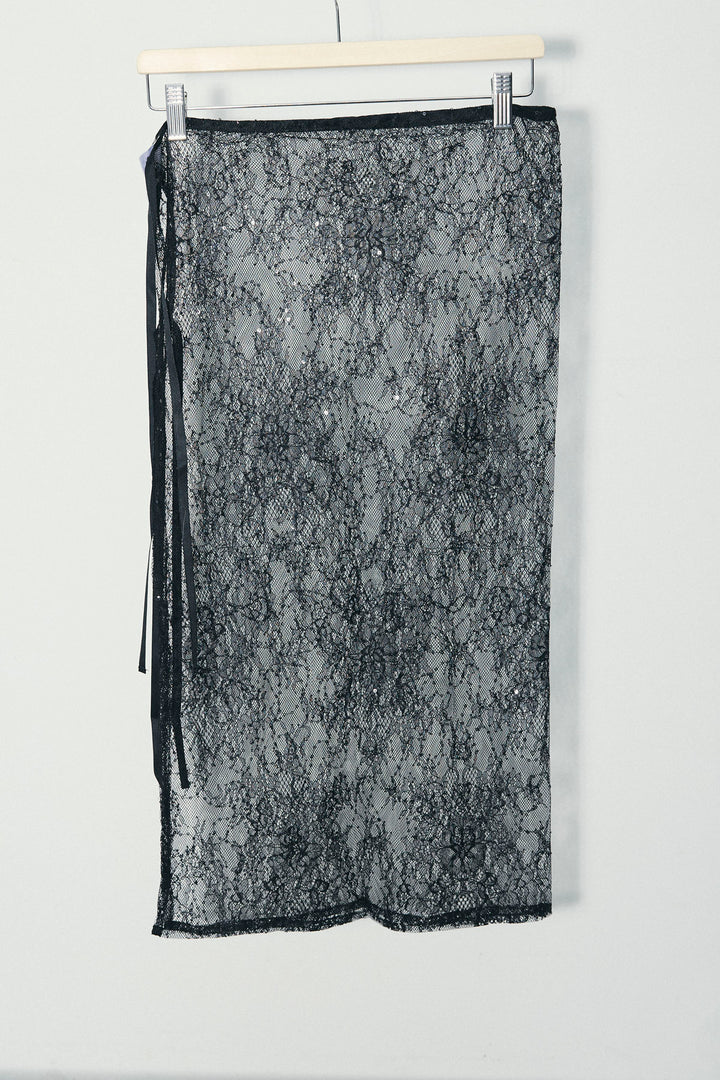 [予約/SET]ビッグカフスオーバーサイズシャツ+ダンボールニットスカート+ラメレースラップスカート+シルクニットタイ(4set)