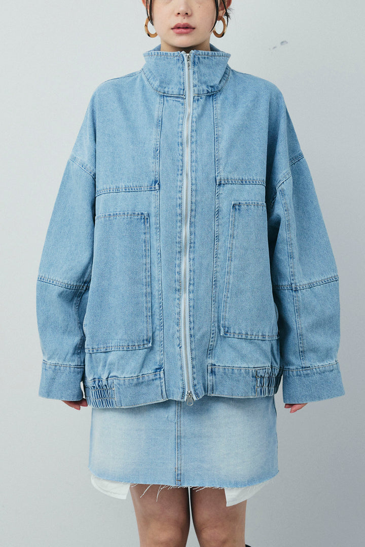 [予約/SET]ダブルジップスタンドカラーデニムブルゾン+デニムミニスカート(2set)