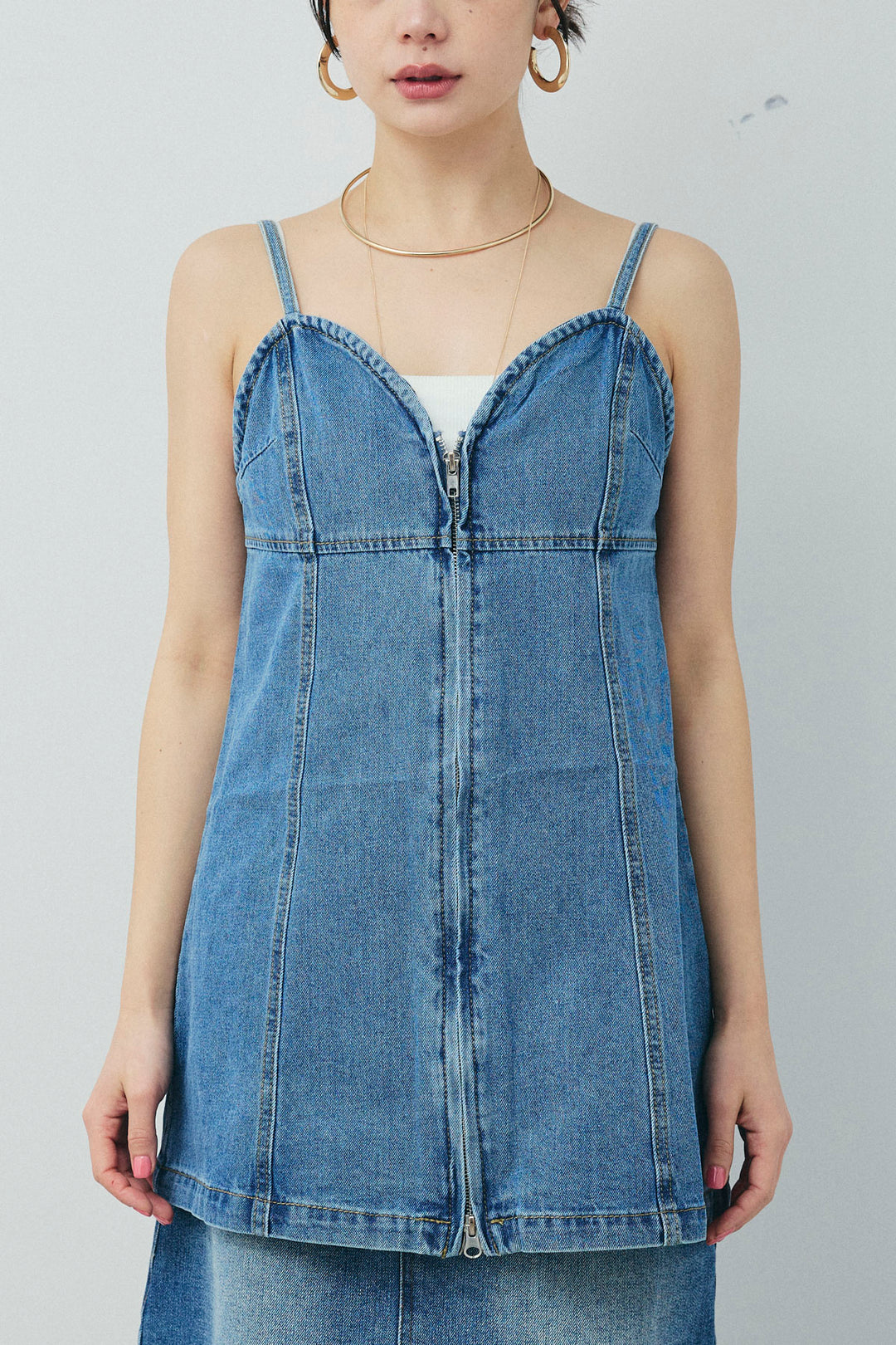 [予約/SET]カットオフショートデニムジャケット+フロントダブルジップデニムビスチェ+デニムミニスカート(3set)