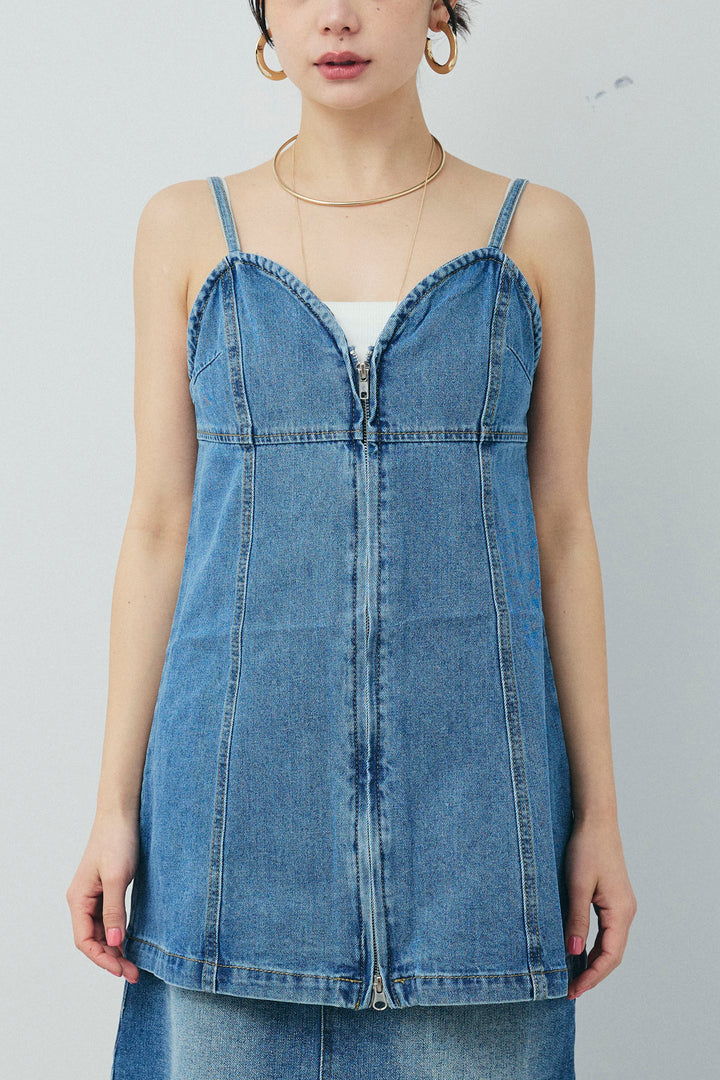 [予約/SET]カットオフショートデニムジャケット+フロントダブルジップデニムビスチェ+デニムミニスカート(3set)