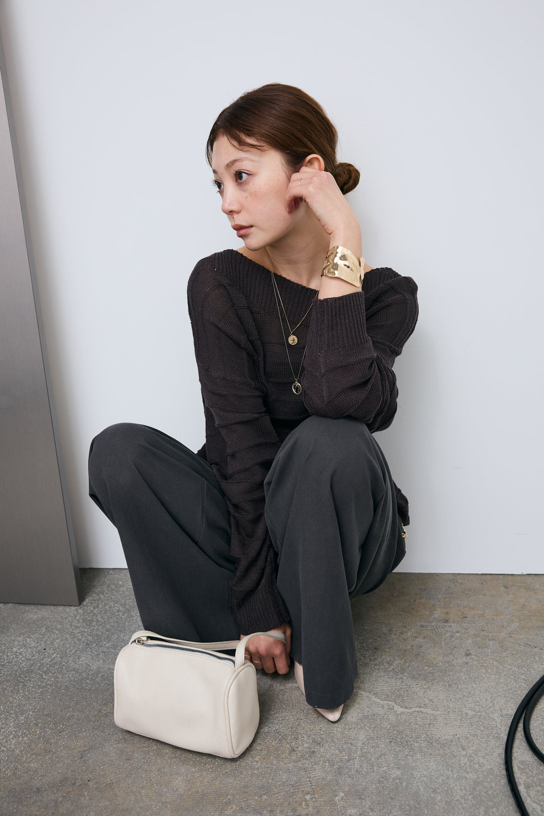 [予約/SET]ボートネックテクスチャーボーダーサマーニット+サイドベルトタックパンツ(2set)