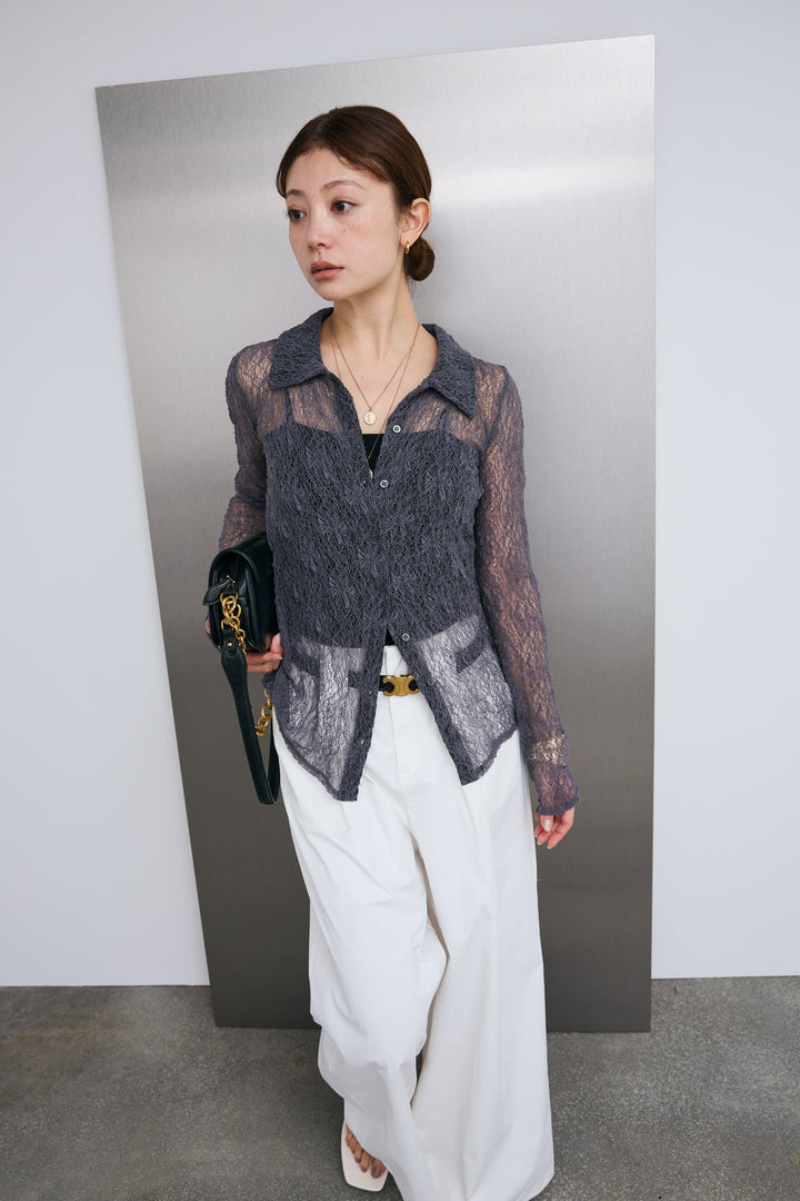 [予約/SET]シアーレース襟付きカーデ+ハイウエストタックワイドパンツ(2set)