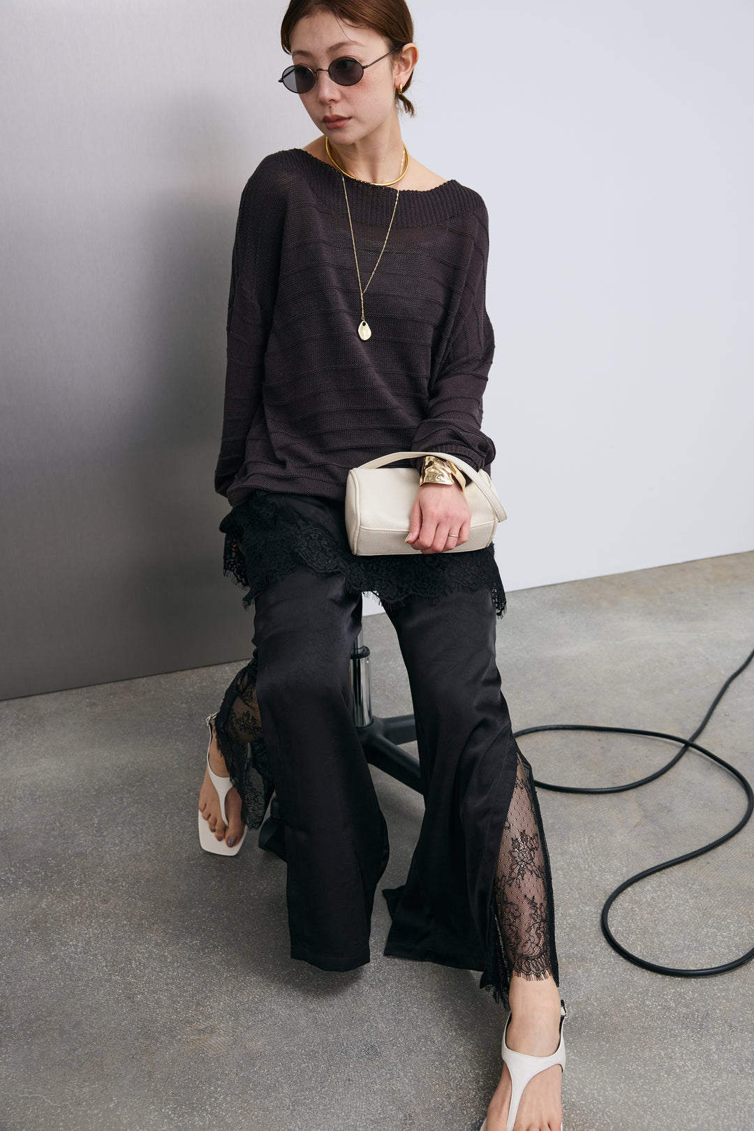 [予約/SET]ボートネックテクスチャーボーダーサマーニット+スリットレースサテンパンツ(2set)