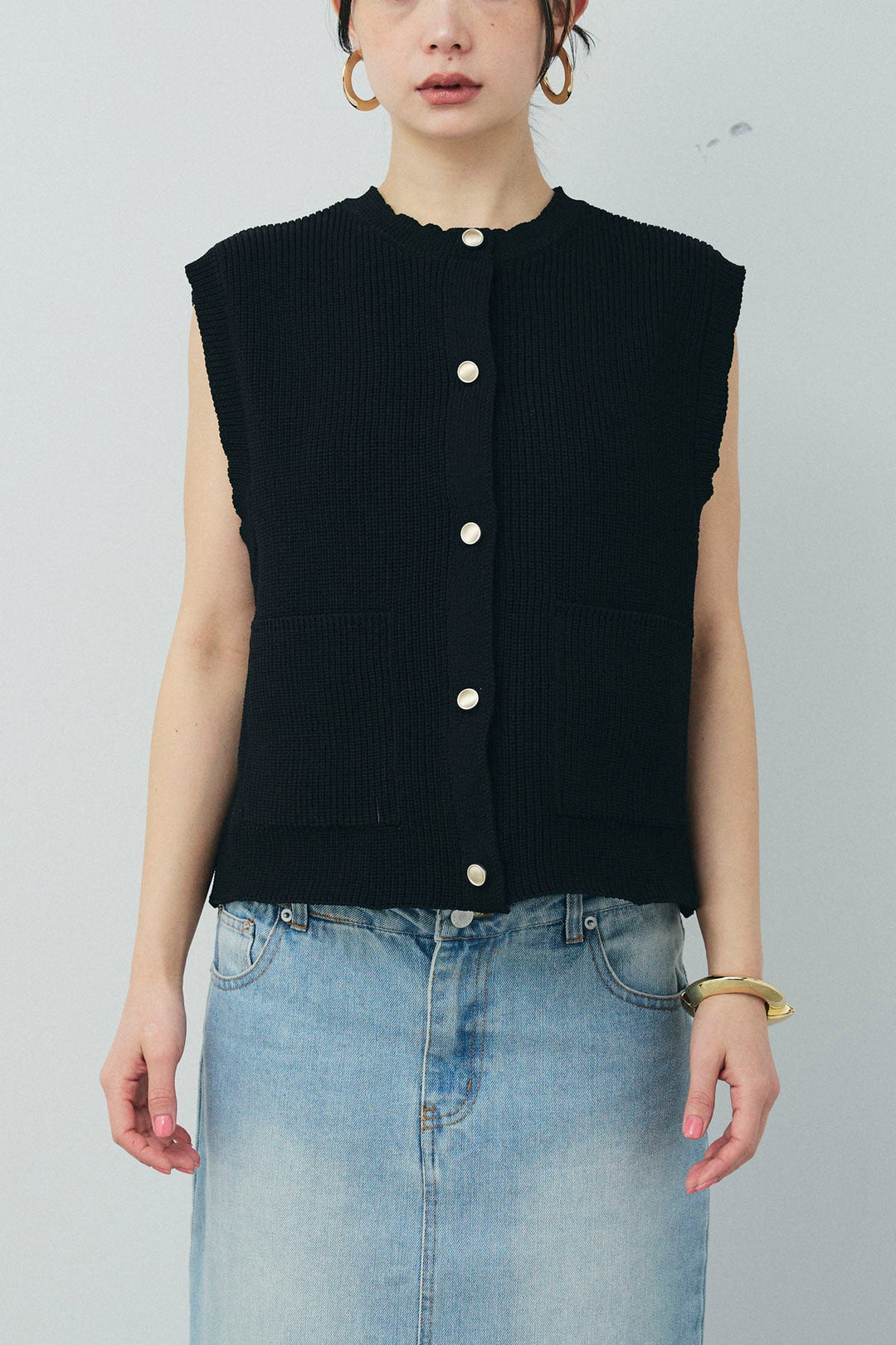 [予約/SET]畦編み金釦ルーズベスト+ヘザーエステルカーブパンツ+メッシュラップスカート(3set)