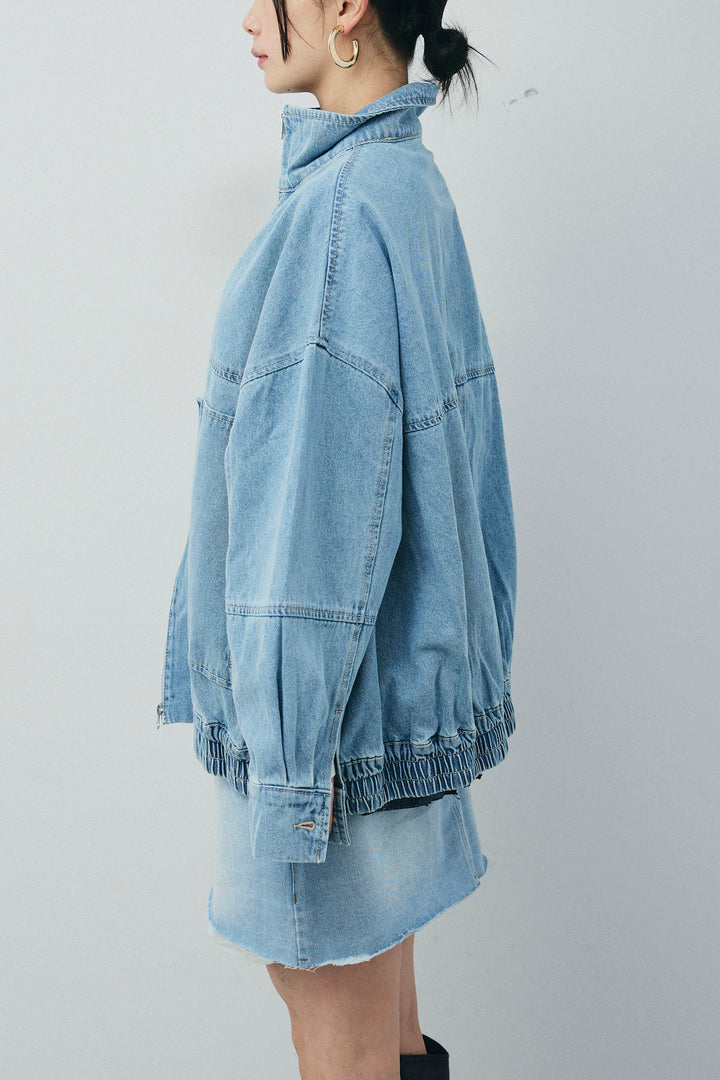 [予約/SET]ダブルジップスタンドカラーデニムブルゾン+デニムミニスカート(2set)