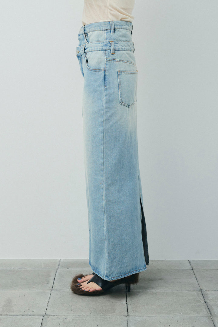 [予約/SET]畦編み金釦ルーズベスト+ダブルウエストデニムスカート(2set)