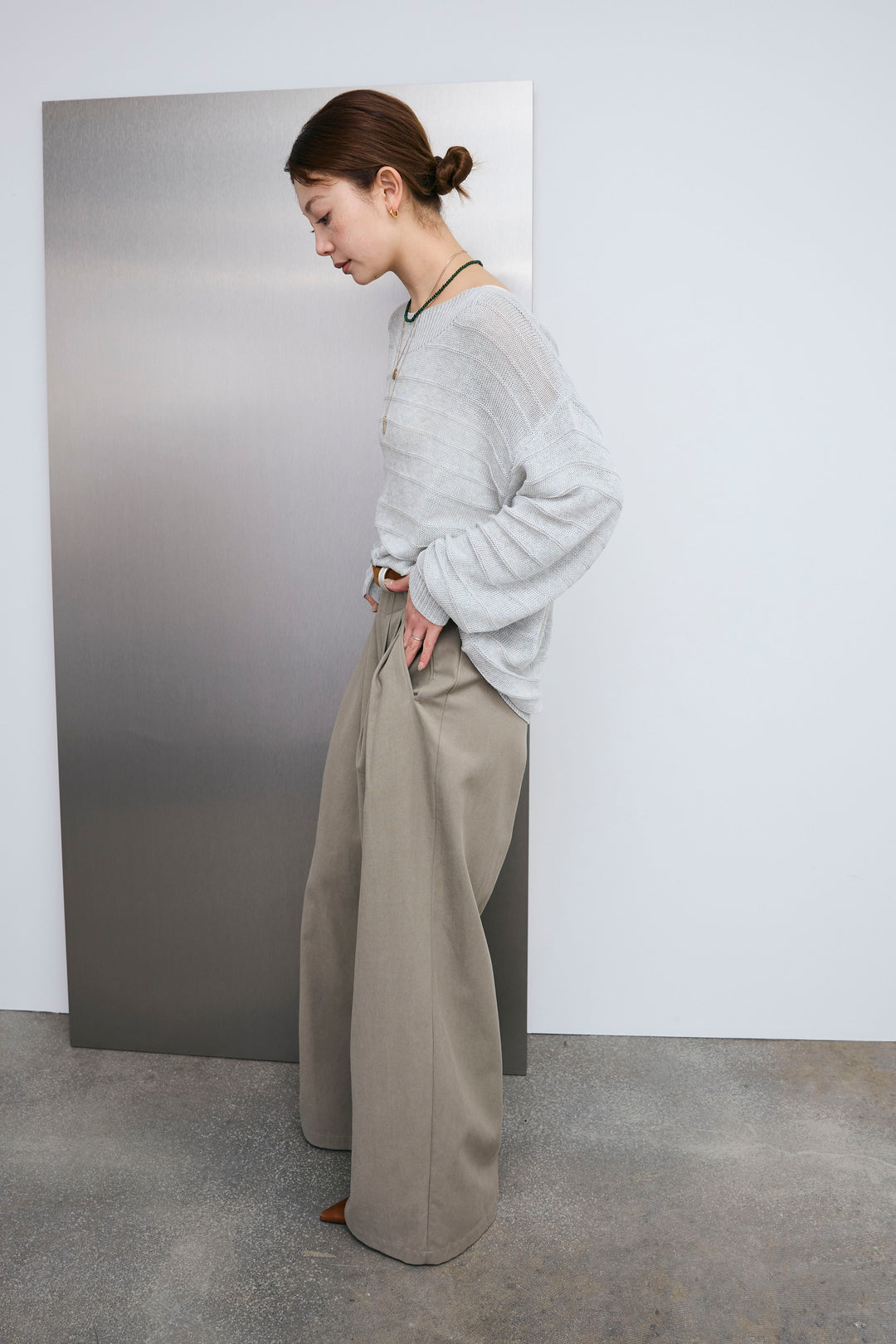 [予約/SET]ボートネックテクスチャーボーダーサマーニット+サイドベルトタックパンツ(2set)