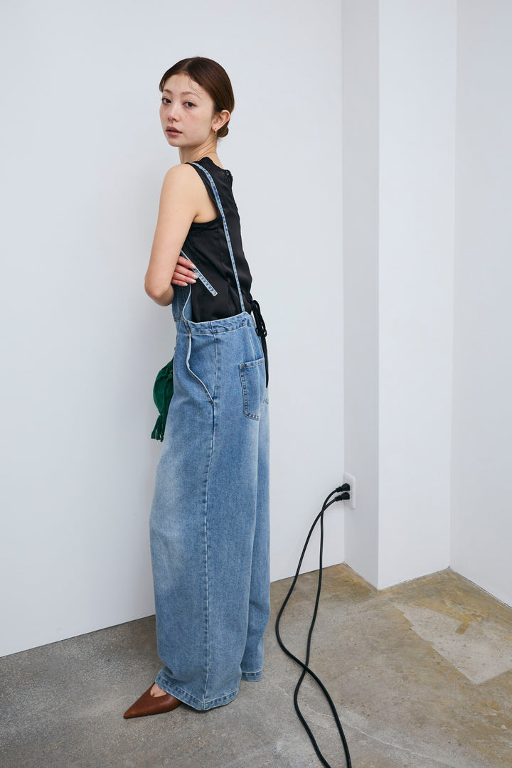 [予約/SET]レーストリムサテンノースリーブブラウス+フロントジップストラップデザインデニムサロペット(2set)