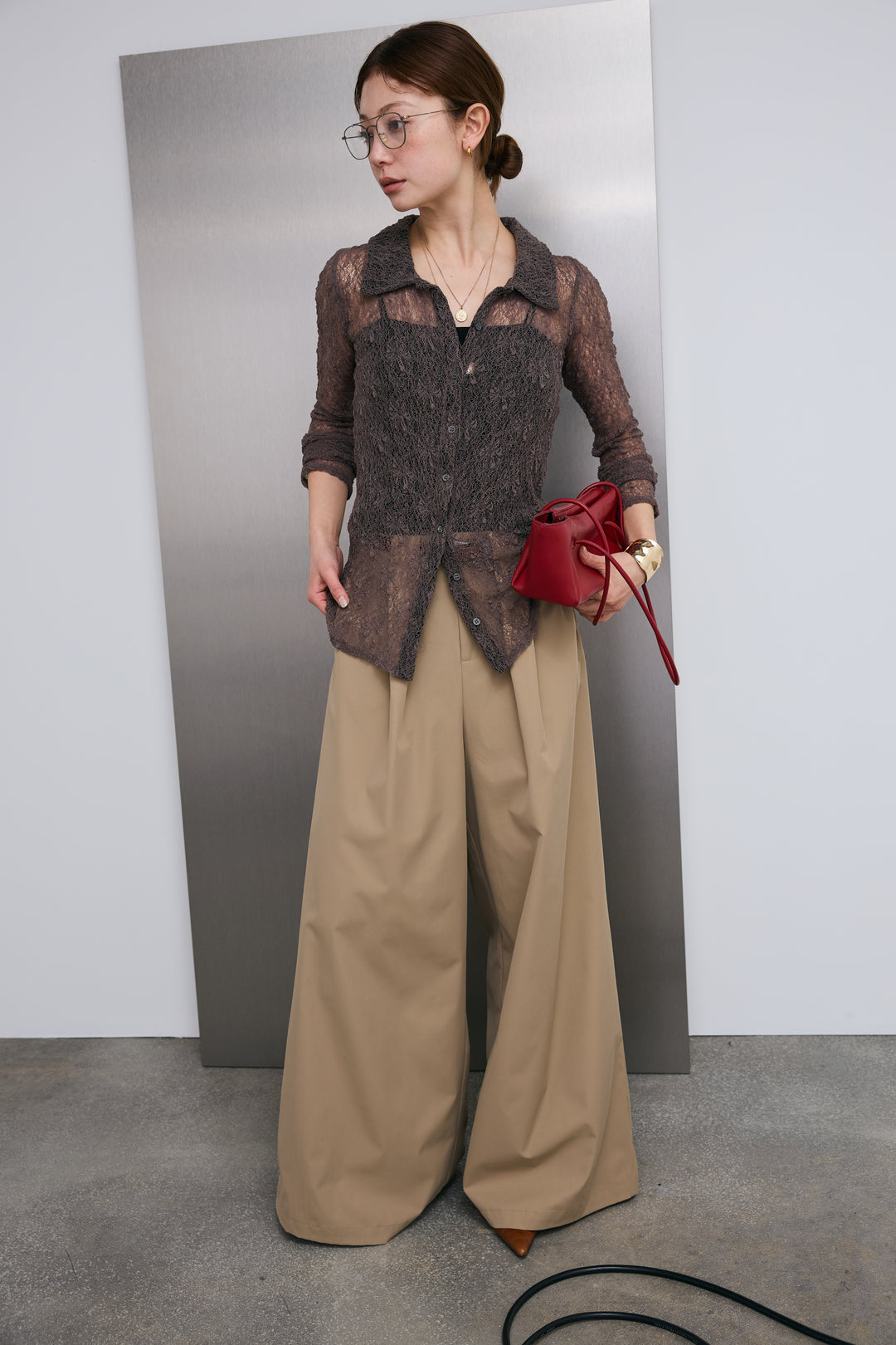 [予約/SET]シアーレース襟付きカーデ+ハイウエストタックワイドパンツ(2set)