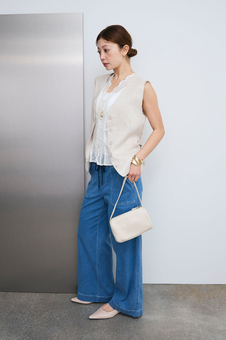 [予約/SET]レーストリムサテンノースリーブブラウス+リネンタッチVネックジレ+ストレッチイージーデニム(3set)