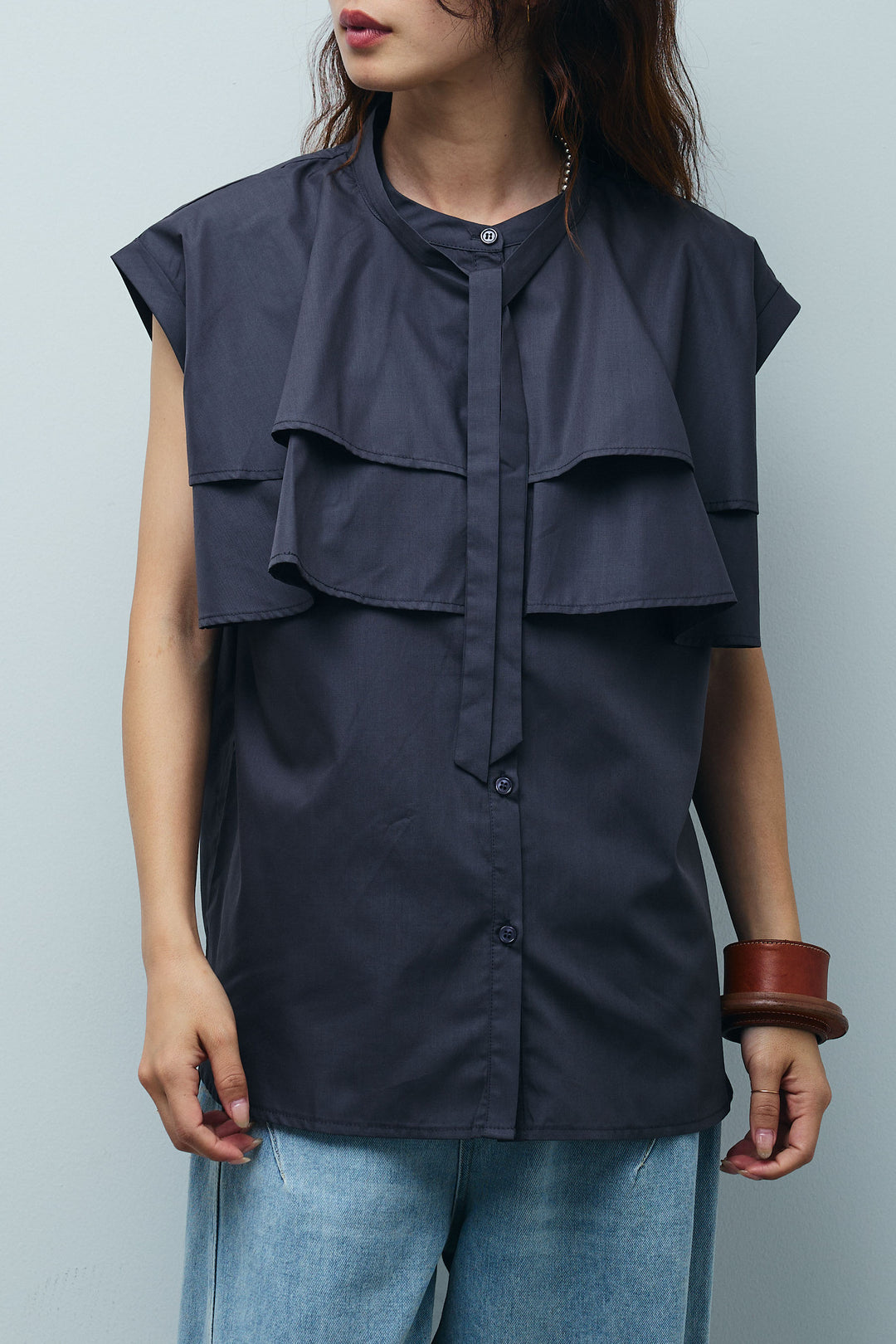 [予約/SET]ボウタイノースリティアードブラウス+リネンライクオールインワン(2set)