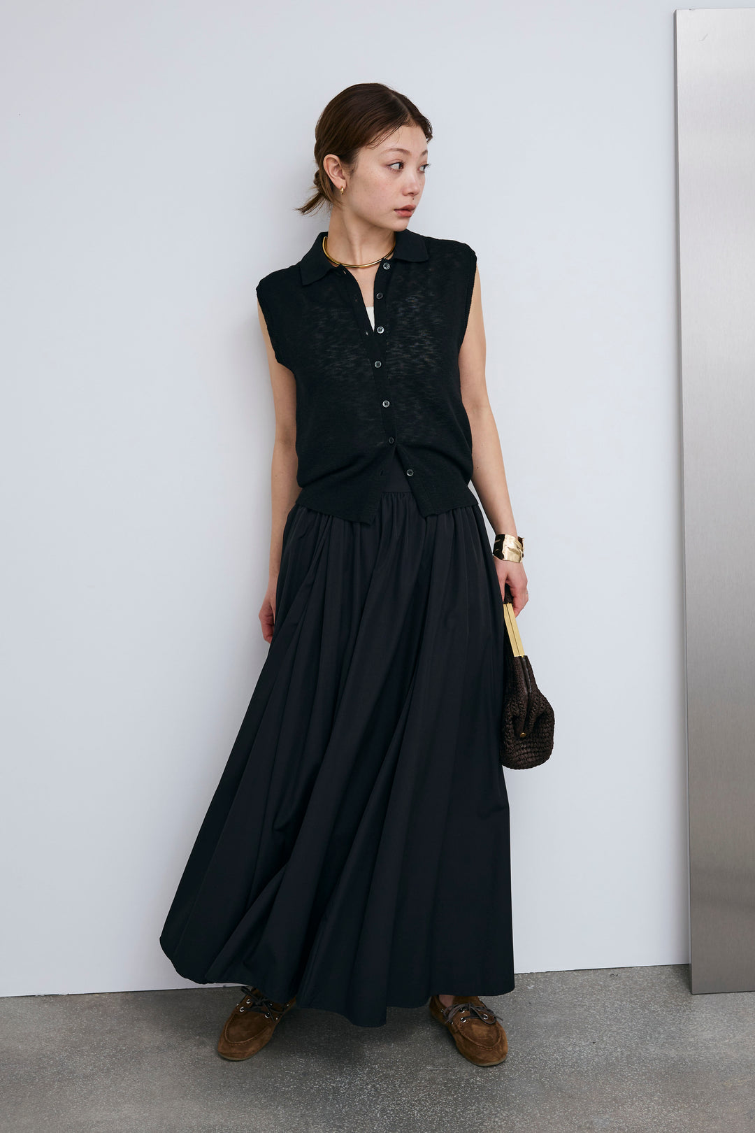 [予約/SET]ノースリーブポロニット+フルギャザーマキシスカート(2set)