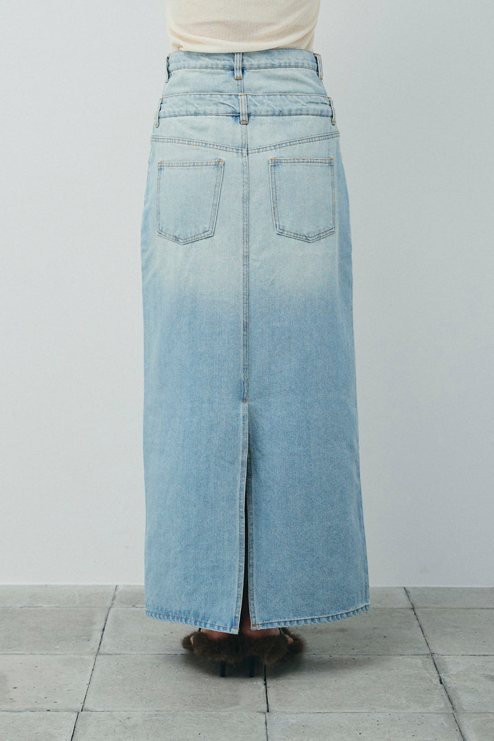 [予約/SET]畦編み金釦ルーズベスト+ダブルウエストデニムスカート(2set)