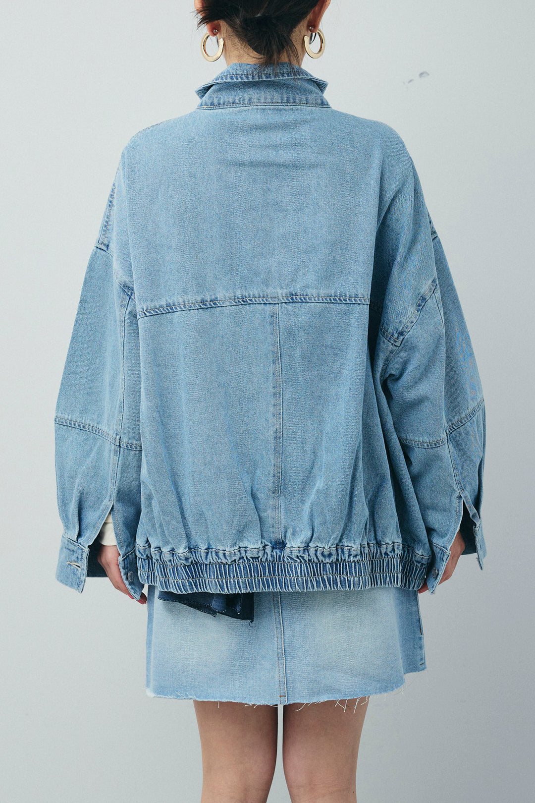 [予約/SET]ダブルジップスタンドカラーデニムブルゾン+デニムミニスカート(2set)