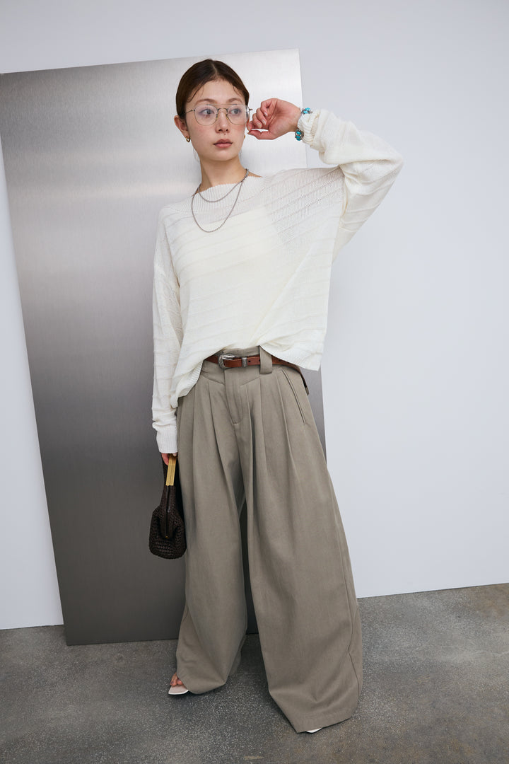 [予約/SET]ボートネックテクスチャーボーダーサマーニット+サイドベルトタックパンツ(2set)