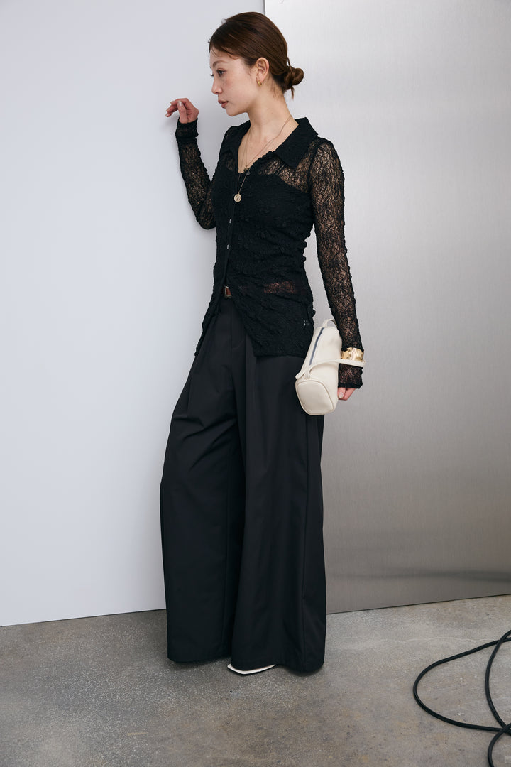 [予約/SET]シアーレース襟付きカーデ+ハイウエストタックワイドパンツ(2set)