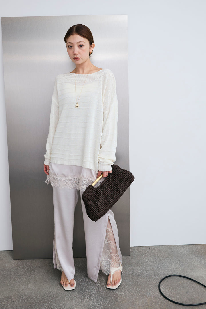 [予約/SET]ボートネックテクスチャーボーダーサマーニット+スリットレースサテンパンツ(2set)