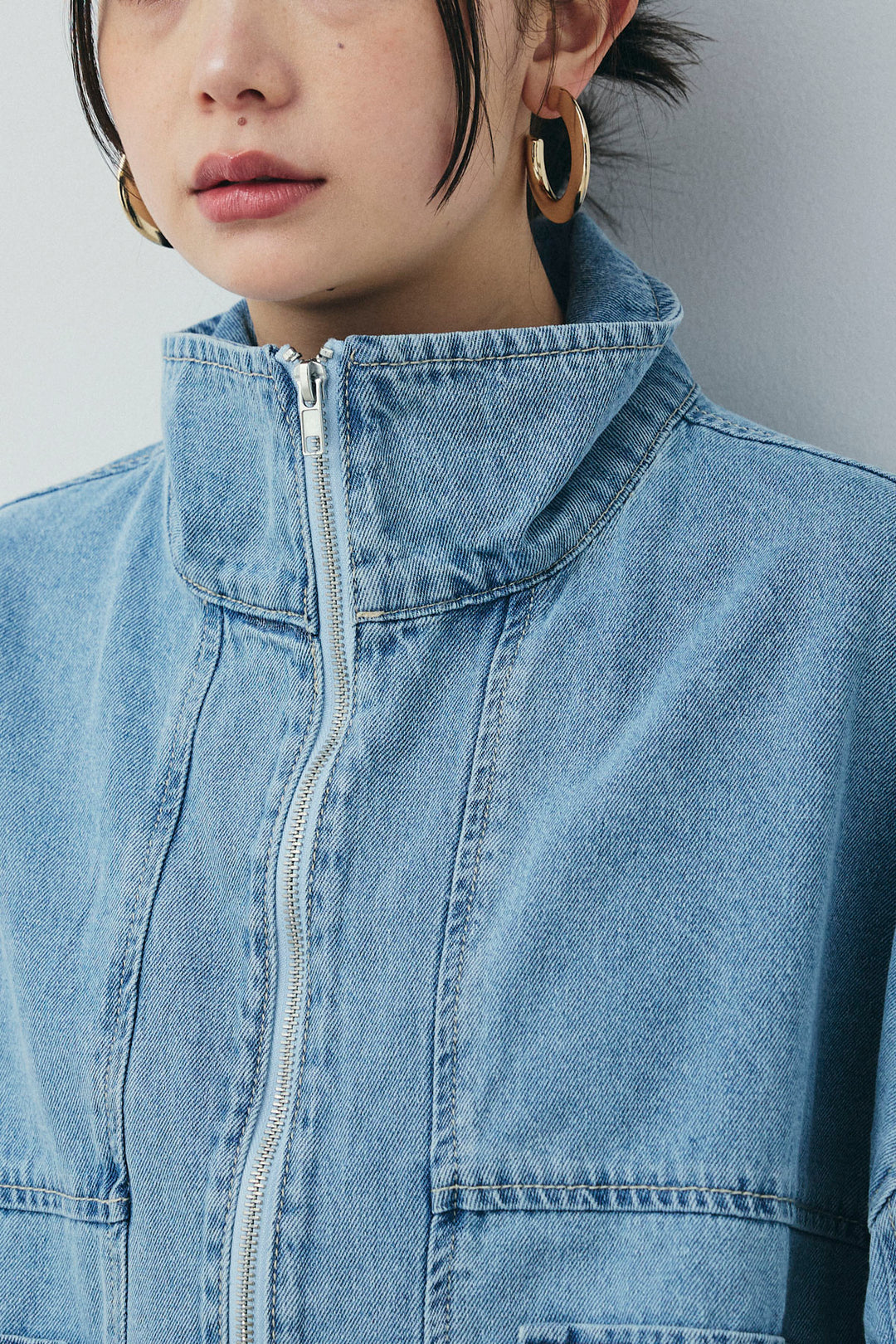 [予約/SET]ダブルジップスタンドカラーデニムブルゾン+デニムミニスカート(2set)