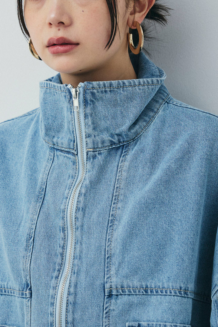 [予約/SET]ダブルジップスタンドカラーデニムブルゾン+デニムミニスカート(2set)