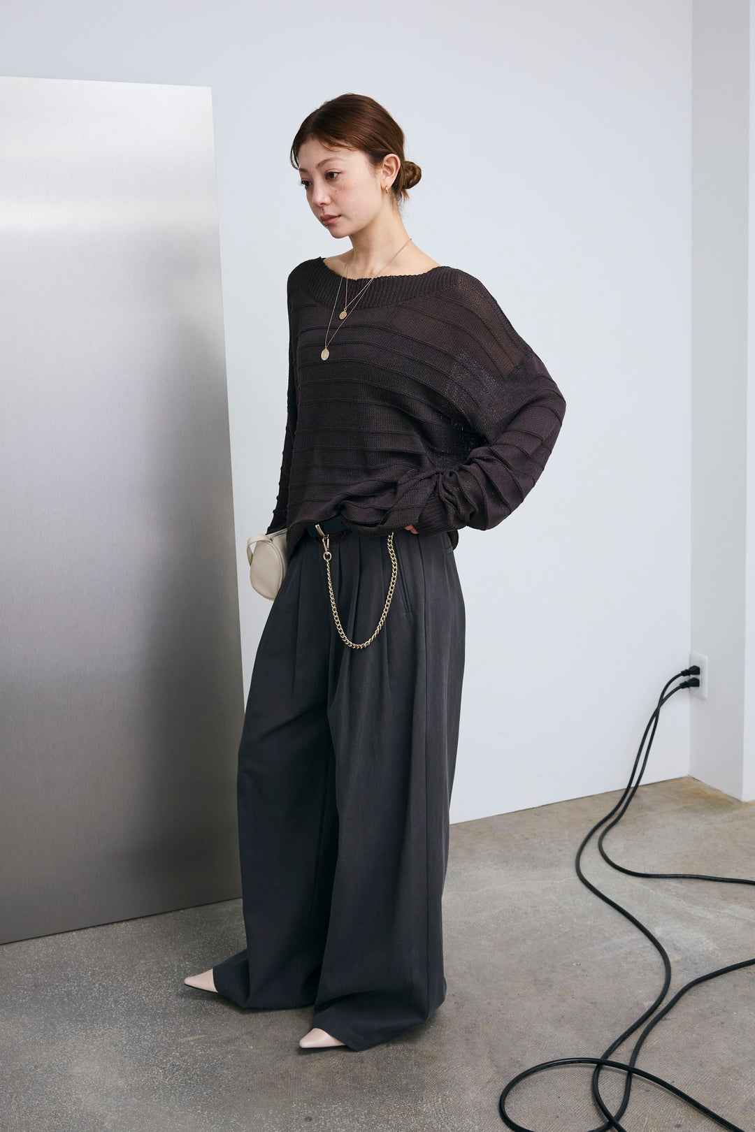 [予約/SET]ボートネックテクスチャーボーダーサマーニット+サイドベルトタックパンツ(2set)