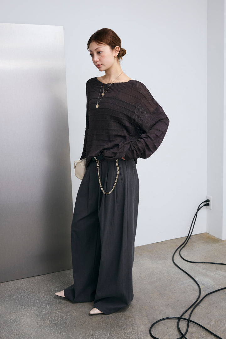 [予約/SET]ボートネックテクスチャーボーダーサマーニット+サイドベルトタックパンツ(2set)