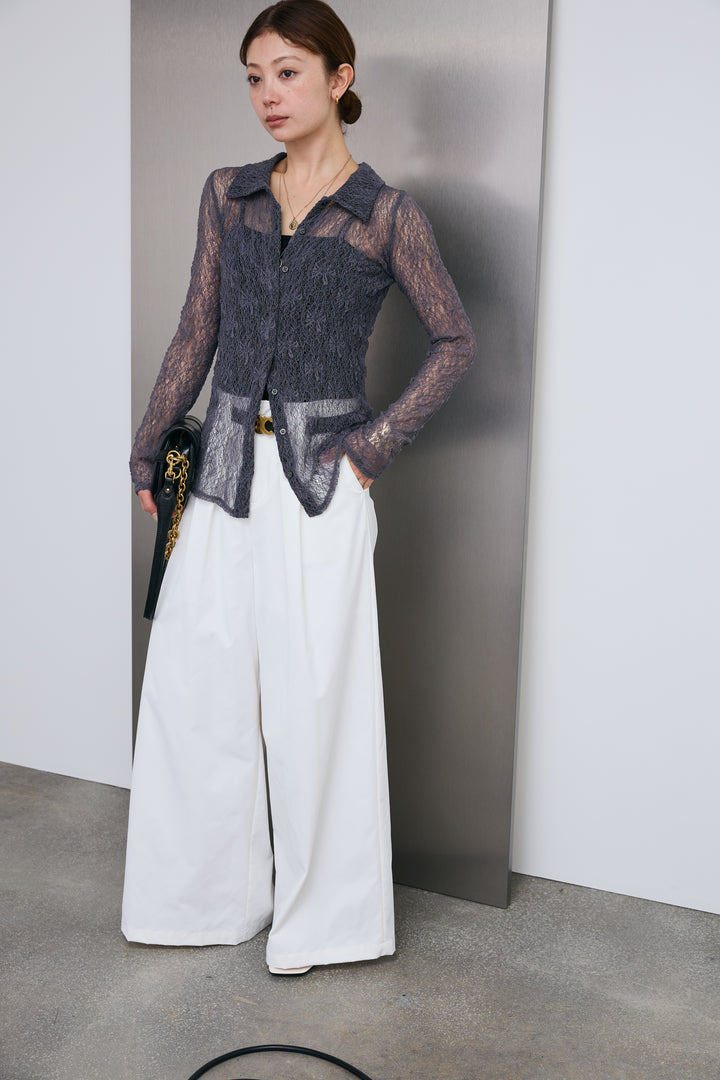 [予約/SET]シアーレース襟付きカーデ+ハイウエストタックワイドパンツ(2set)