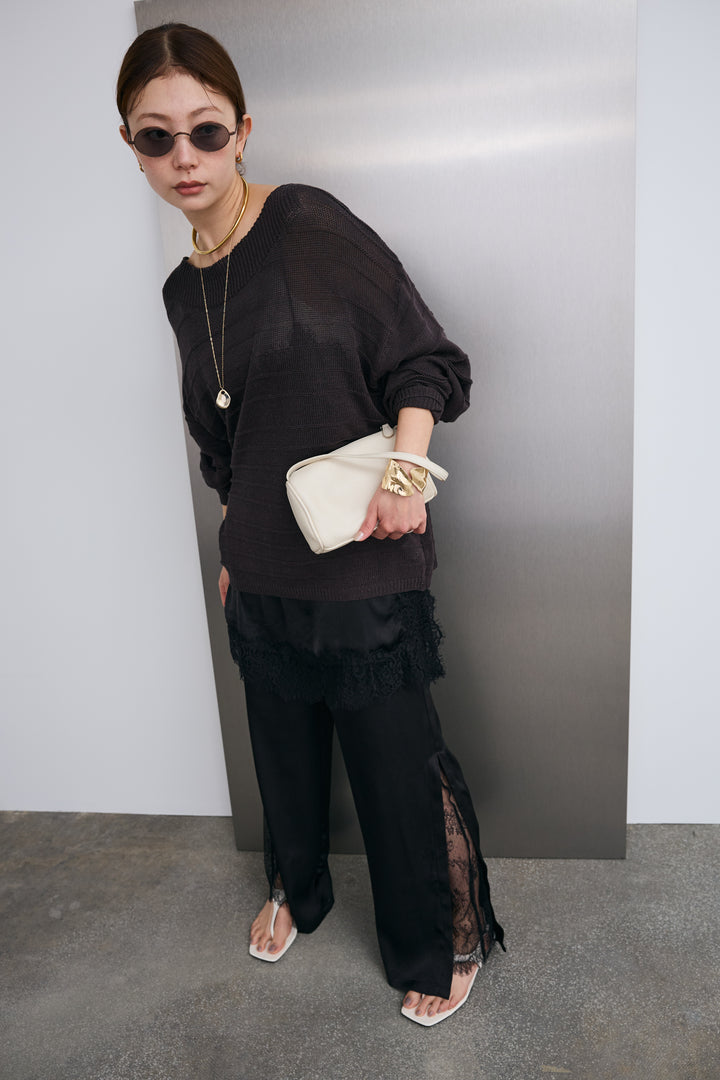 [予約/SET]ボートネックテクスチャーボーダーサマーニット+レーストリムキャミ+スリットレースサテンパンツ(3set)