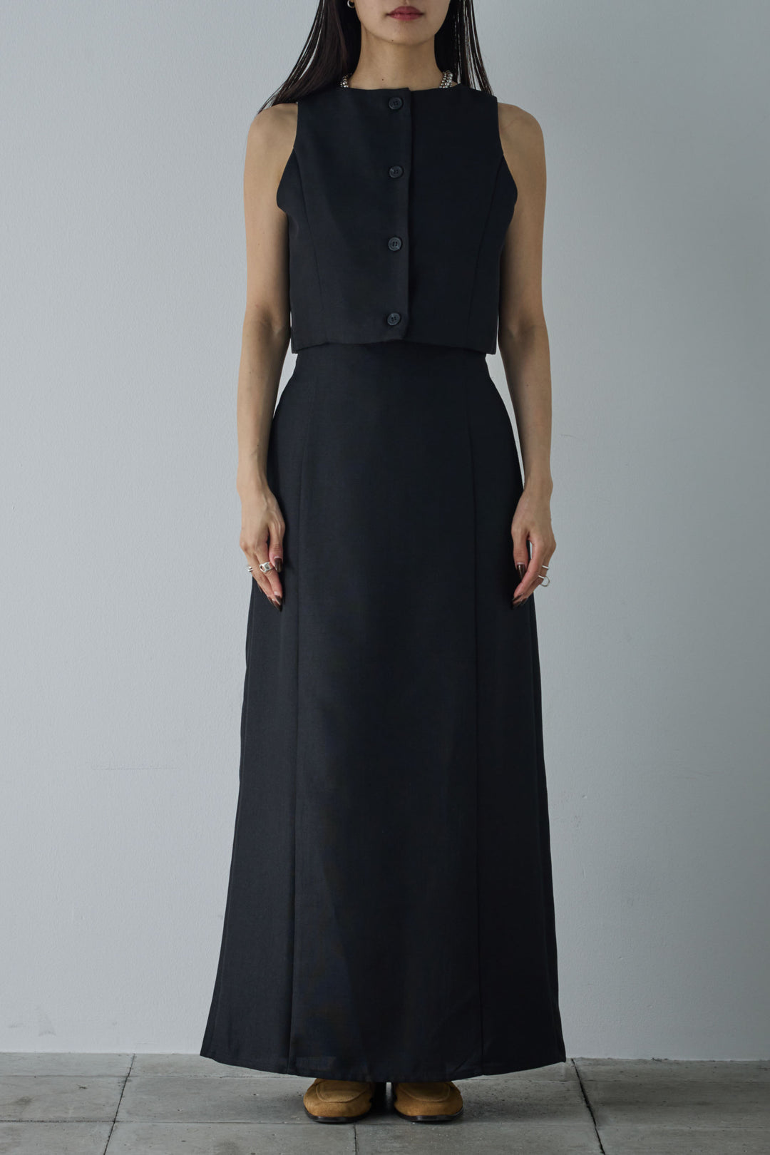 [予約/SET]リネンタッチクロップドベスト+リネンタッチハイウエストスカート(2set)