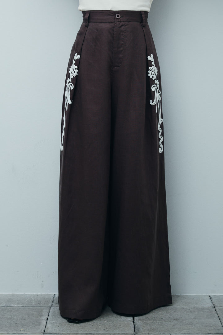 [予約]リネンミックステープ刺繍ワイドパンツ
