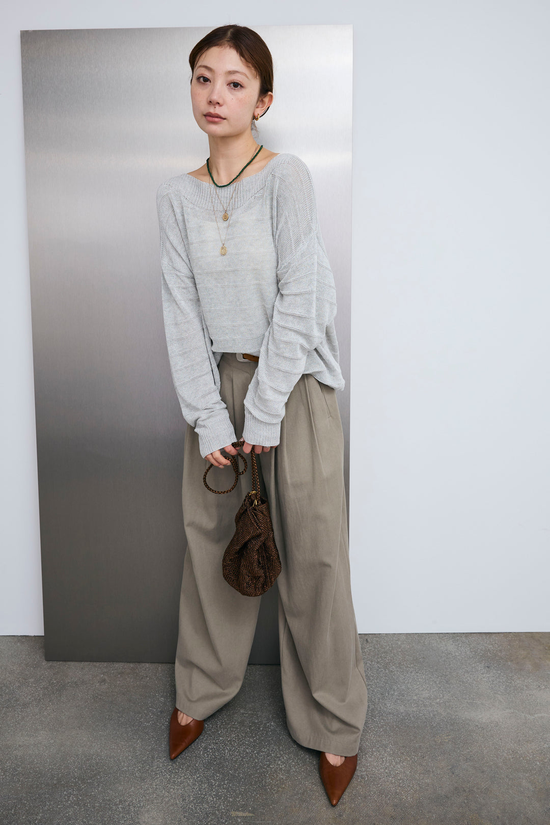 [予約/SET]ボートネックテクスチャーボーダーサマーニット+サイドベルトタックパンツ(2set)