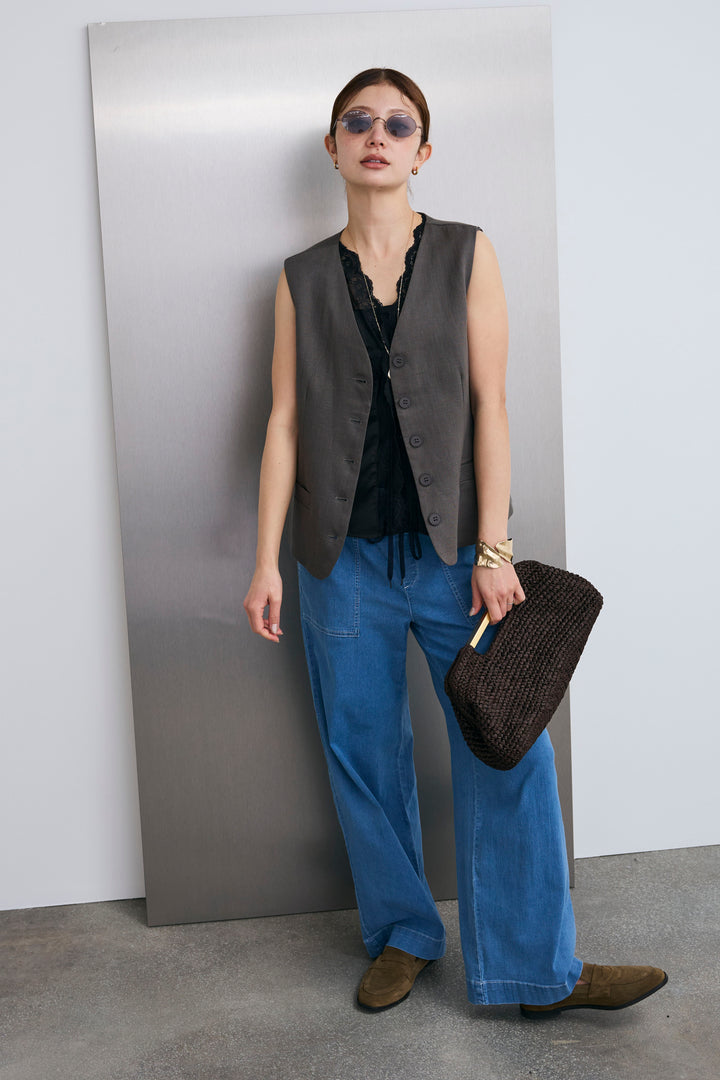 [予約/SET]レーストリムサテンノースリーブブラウス+リネンタッチVネックジレ(2set)