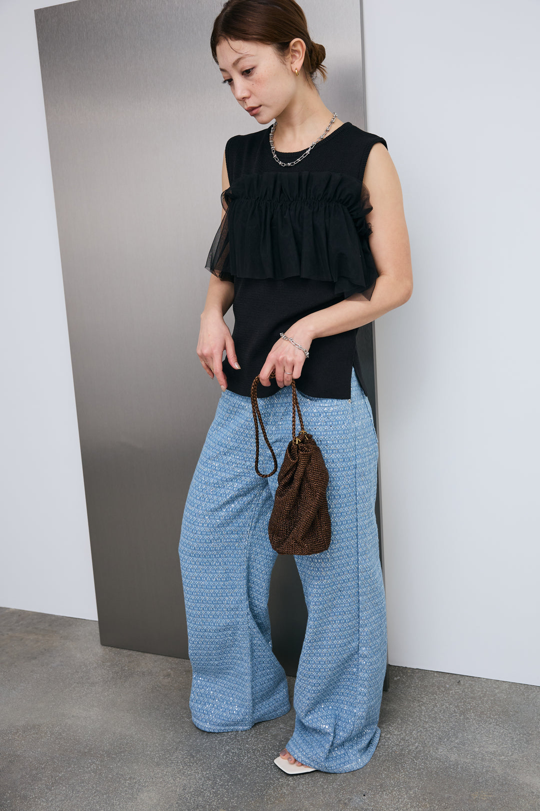 [予約/SET]チュールフリルスポンジニットPO+ニュアンスグリッターデニム(2set)