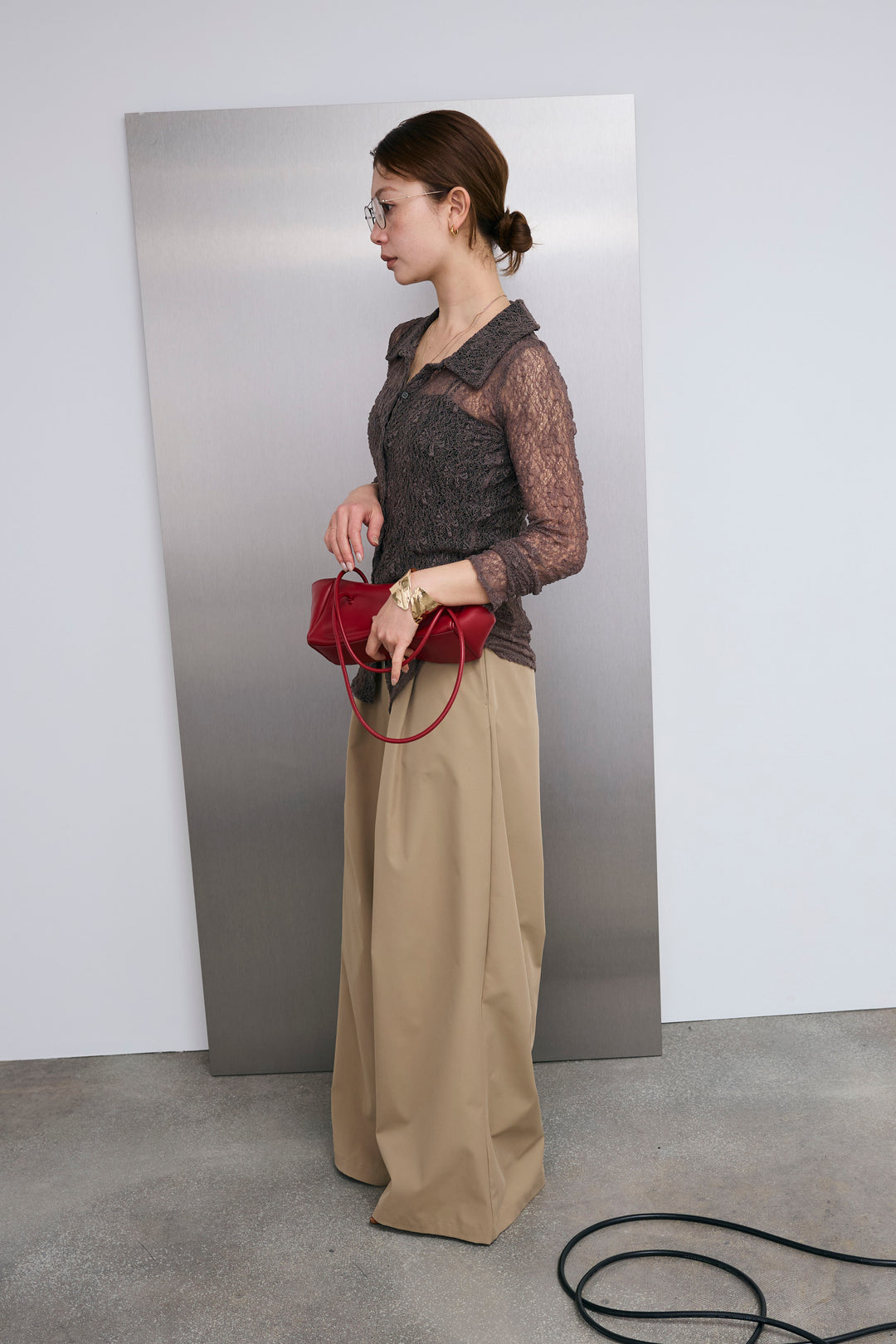 [予約/SET]シアーレース襟付きカーデ+ハイウエストタックワイドパンツ(2set)