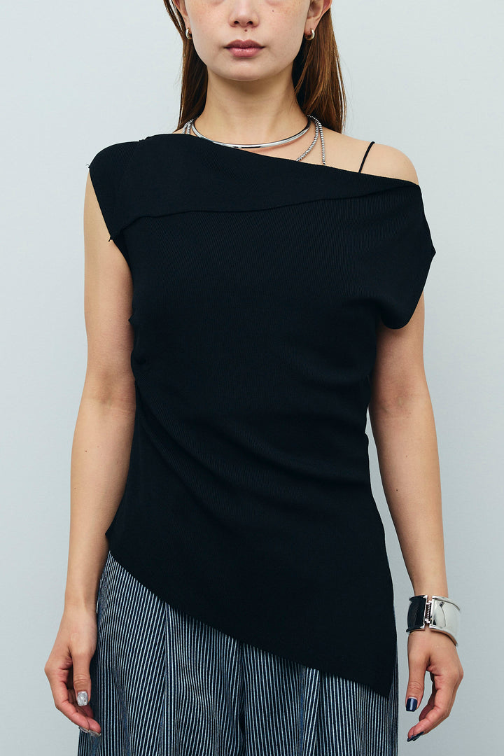 [予約/SET]アシンメトリーオフショルサマーニット+細ストライプワイドパンツ(2set)