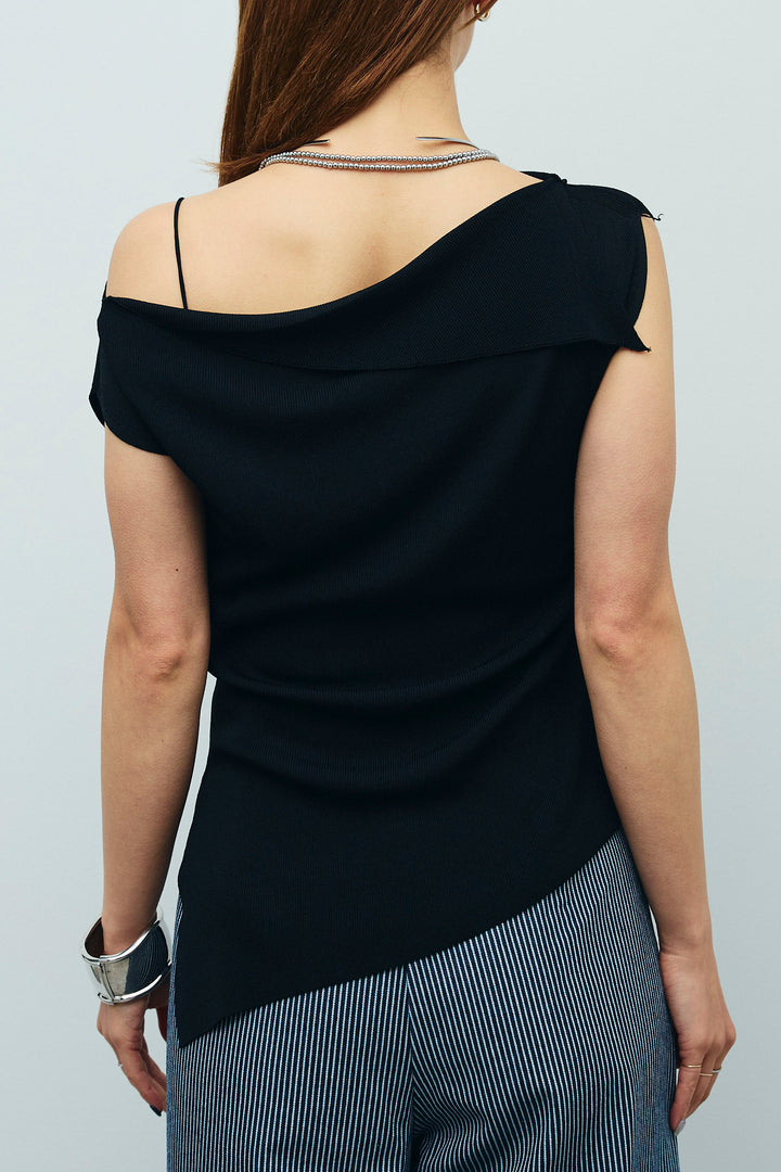 [予約/SET]アシンメトリーオフショルサマーニット+細ストライプワイドパンツ(2set)