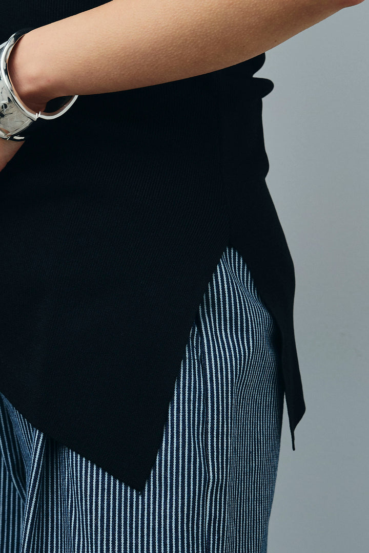 [予約/SET]アシンメトリーオフショルサマーニット+細ストライプワイドパンツ(2set)