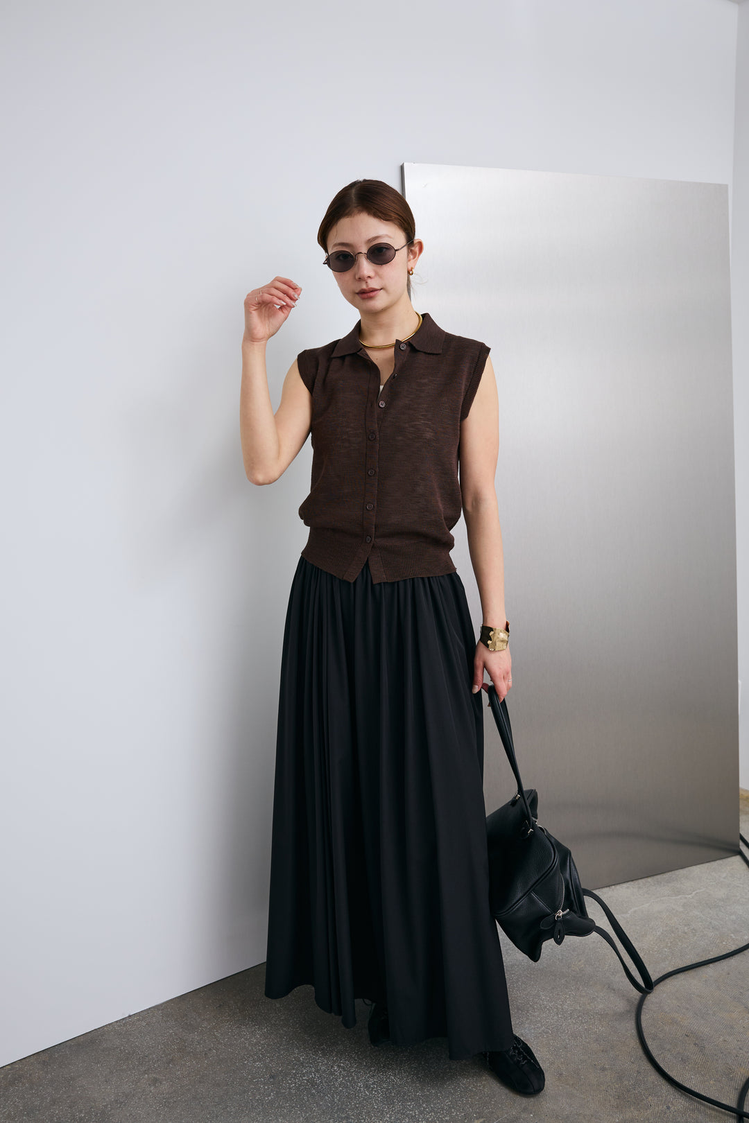 [予約/SET]ノースリーブポロニット+フルギャザーマキシスカート(2set)