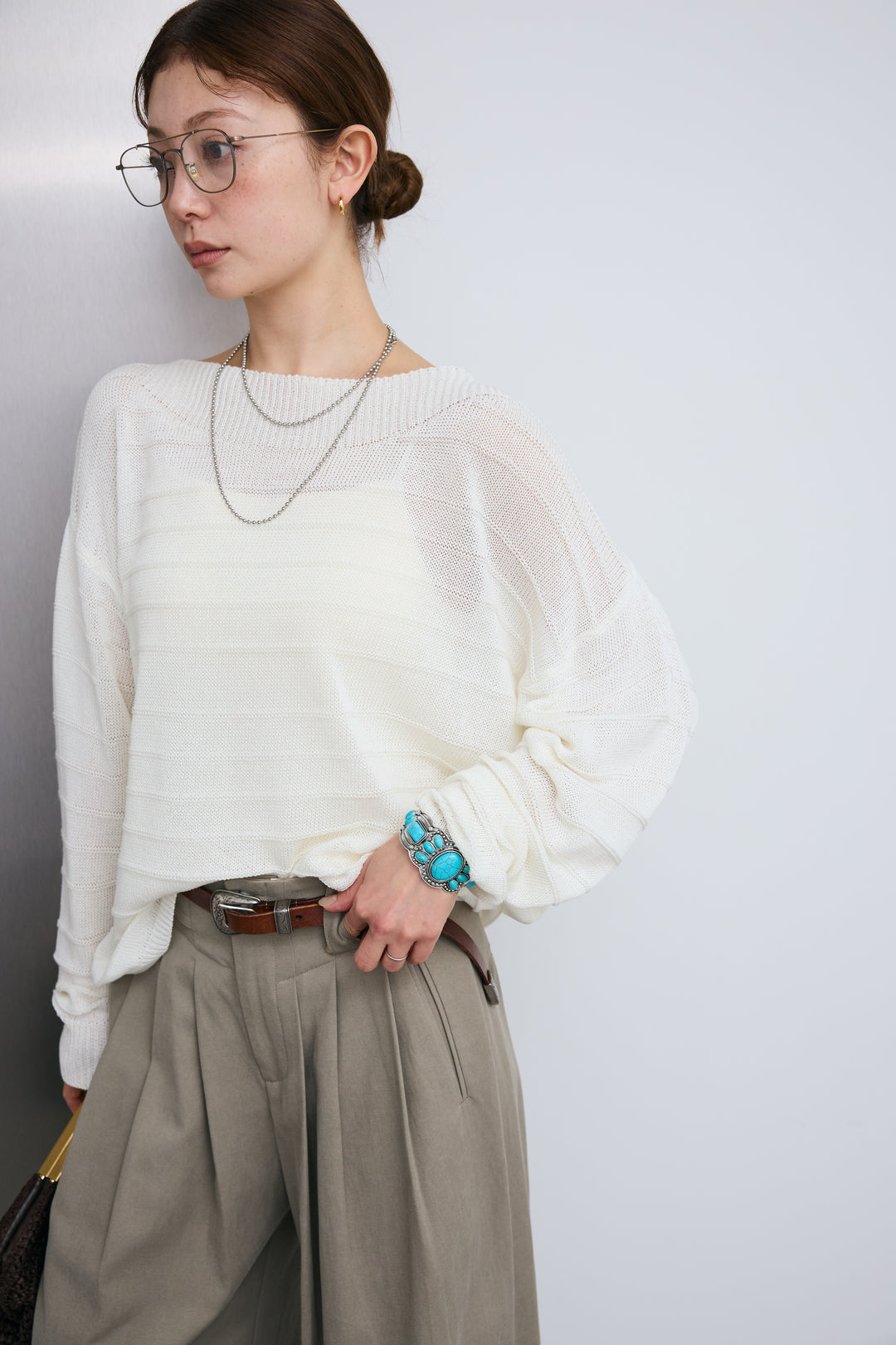 [予約/SET]ボートネックテクスチャーボーダーサマーニット+サイドベルトタックパンツ(2set)