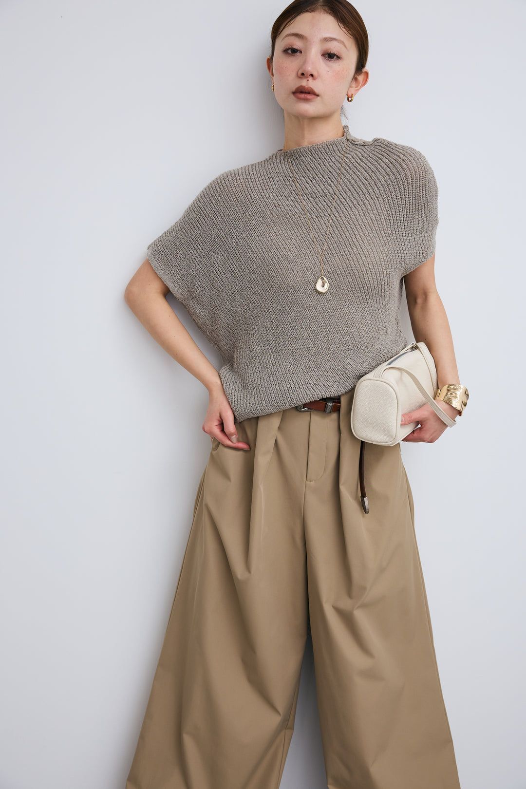 [予約/SET]アシメニットPO+ハイウエストタックワイドパンツ(2set)